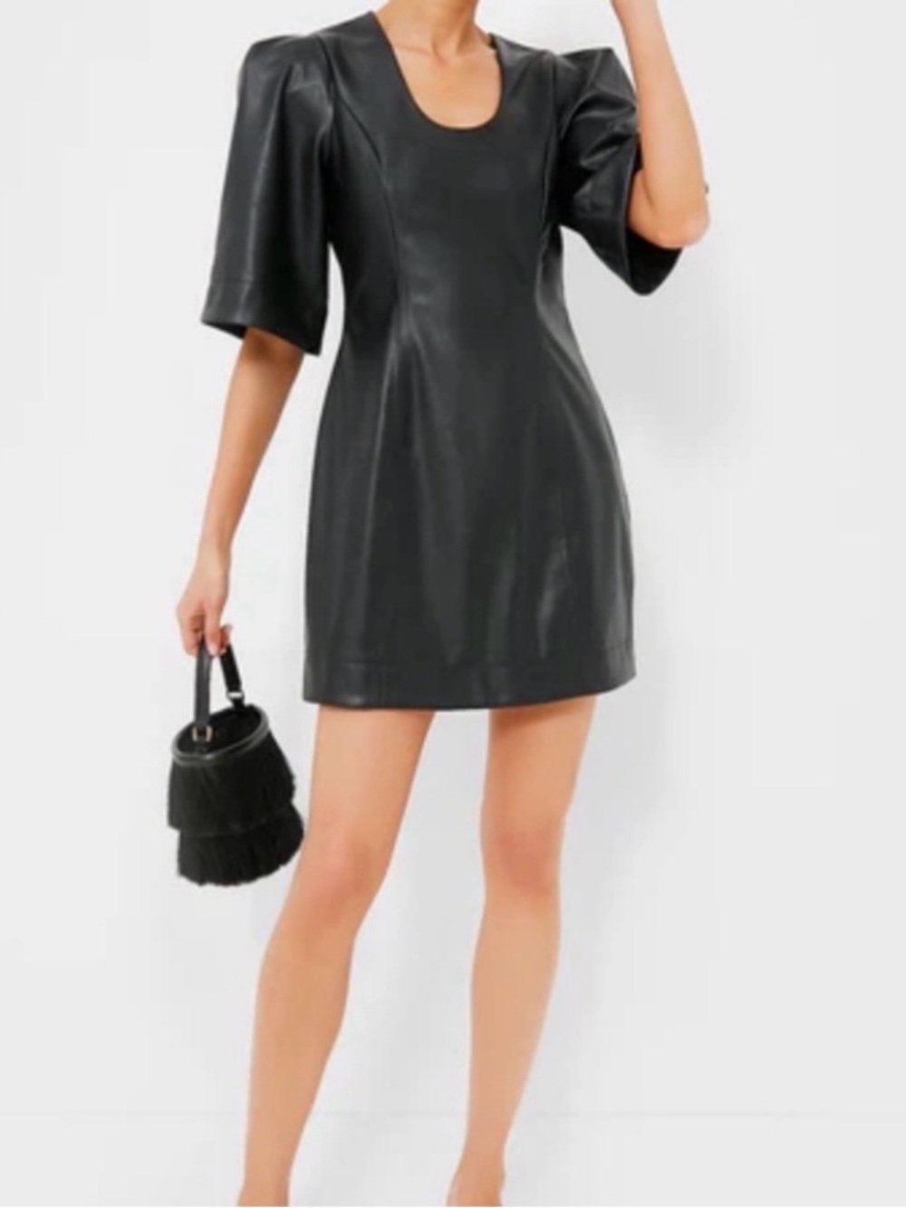 Tuckernuck Black Faux Leather Puff-Sleeve Mini Dress